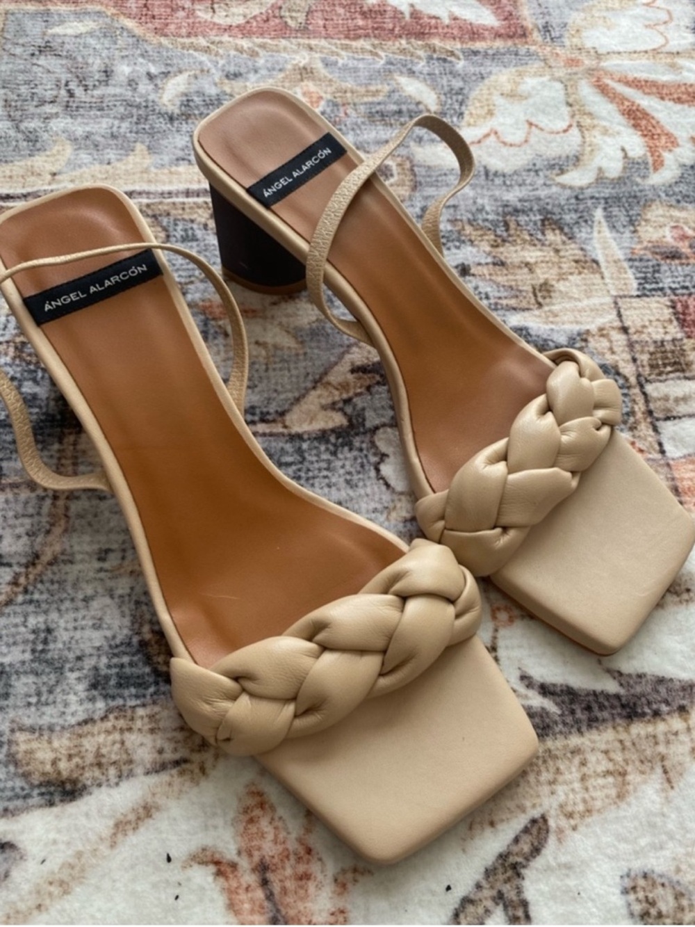 Ángel Alarcón Braided Strap Square-Toe Block Heel Sandals in Beige